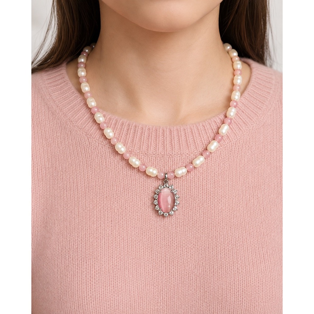 Pink Pearl Beaded Necklace Oval Cabochon Crystal Halo Pendant Silver Clasp‎